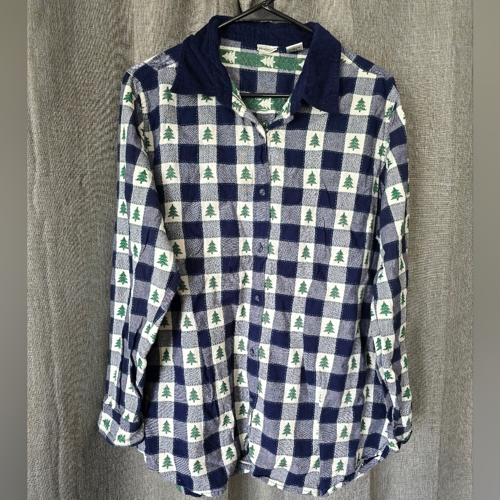 North Crest Vtg 90s Navy Gingham Pine Tree Button Down Shirt 2X Corduroy Collar
